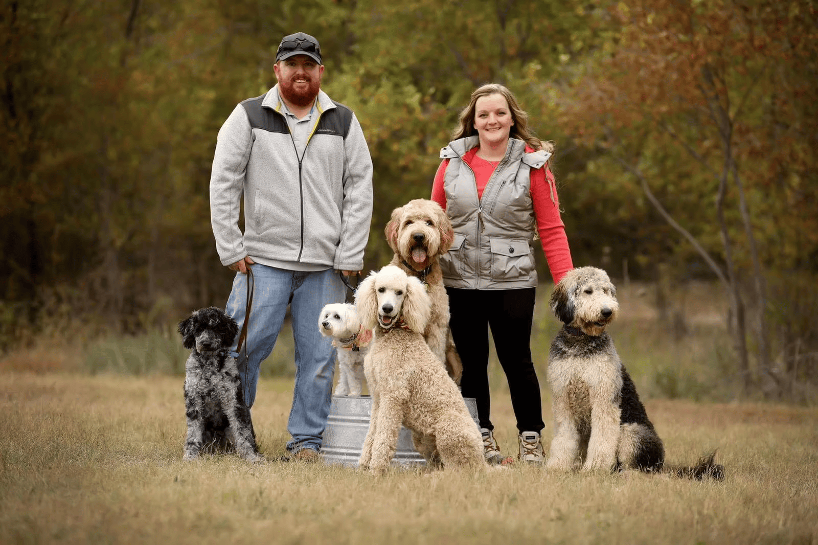 family The Blackwater Goldendoodles family with their doodles and poodles outdoors in autumn